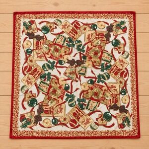 Vintage Style Christmas Square Scarf 32x32 Red Green Gold Ornament Holiday Print